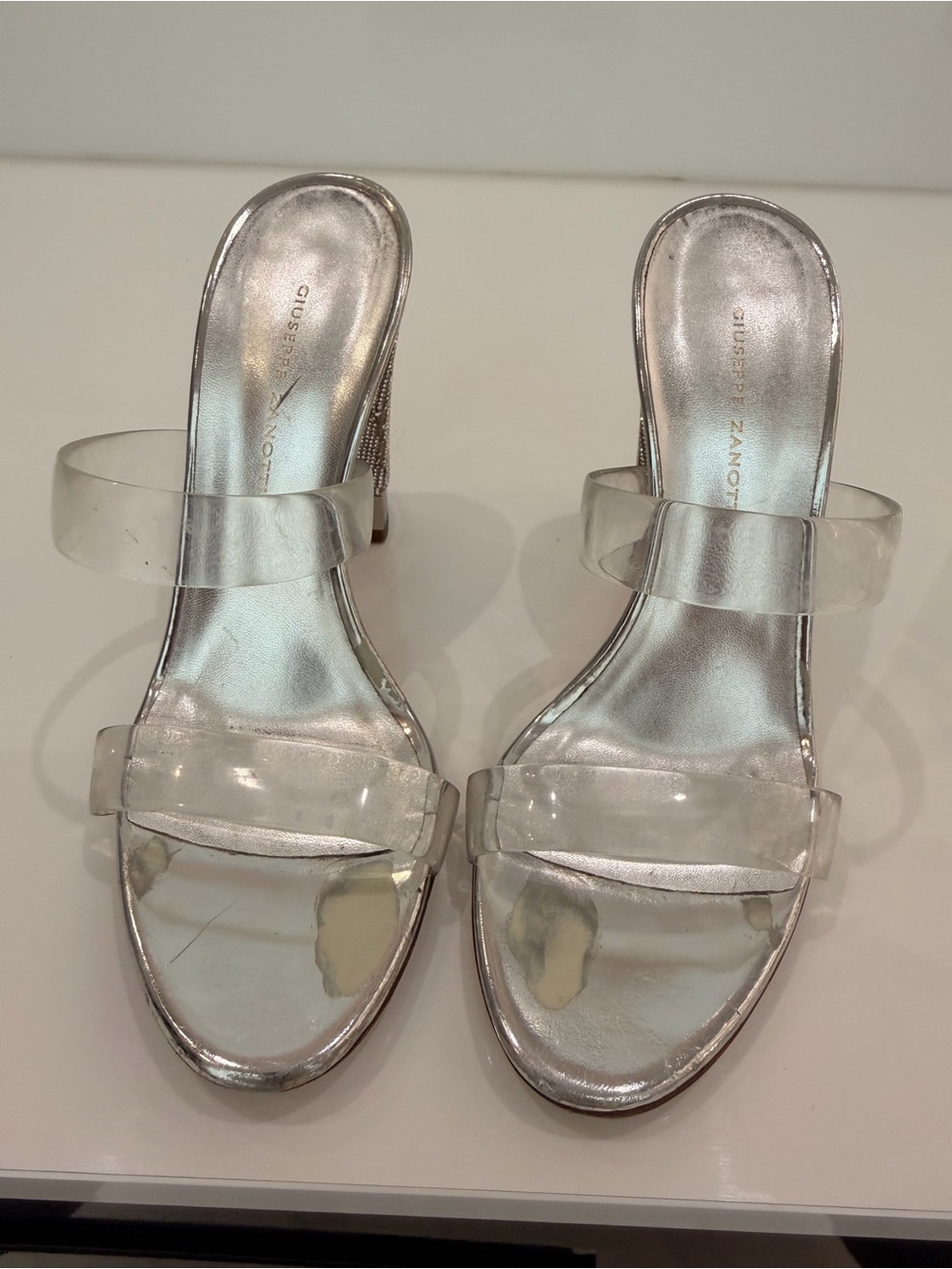 Giuseppe Zanotti Silver Metallic Slide Sandals with Clear Straps